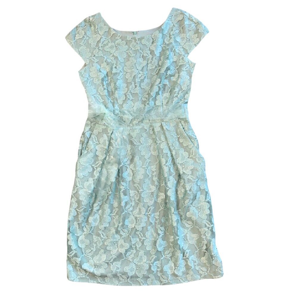 Alex Evenings Women's Mint Blue Dress Lace Knee Length Size 10 With Bow
